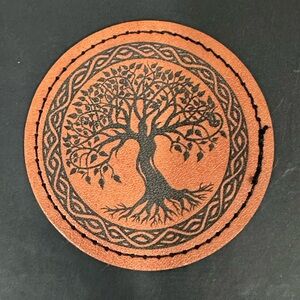 ENGRAVED Iron on leatherette hat patch Tree of Life circled by Celtic knot